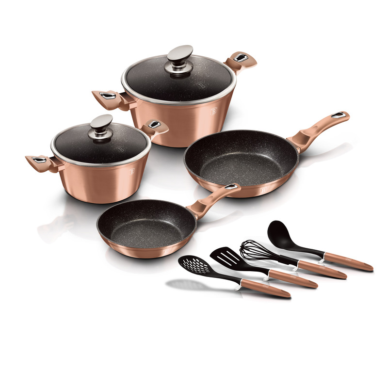 Set oale si tigai marmorate, 10 piese, din aluminiu forjat, Metallic Rose Gold Edition, Berlinger Haus, BH 6142